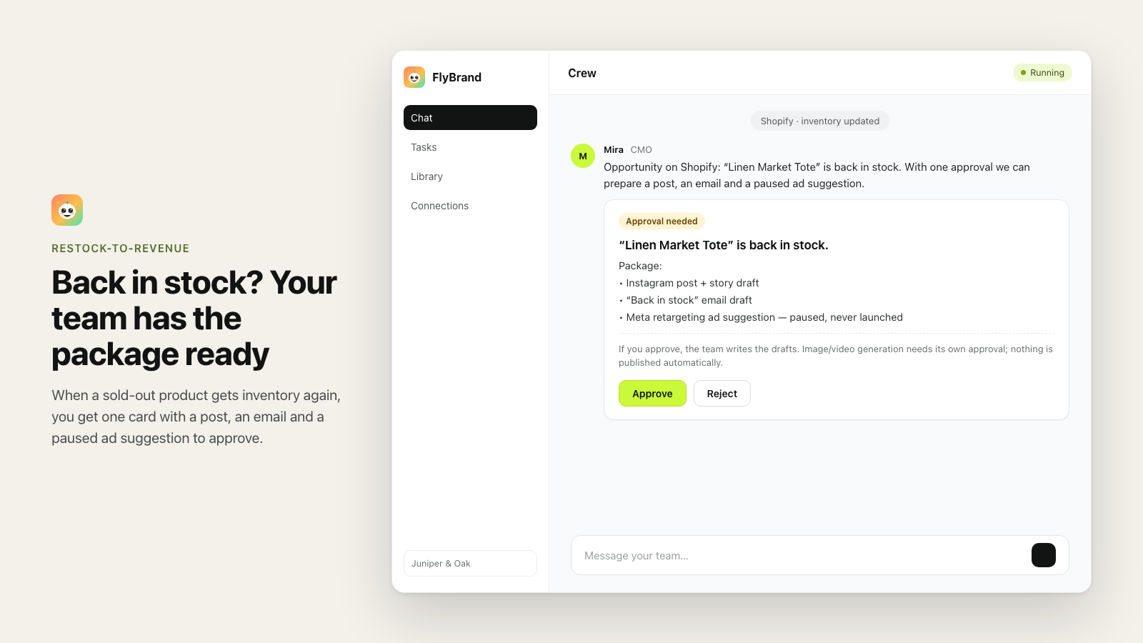 Team chat where the CMO offers a back-in-stock package for a product, shown as one approval card.