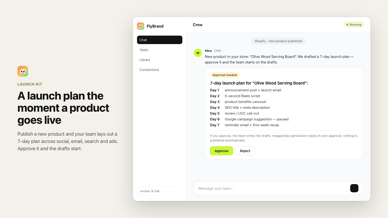 A 7-day launch plan for a new product, from announcement post to reminder email, waiting for approval.