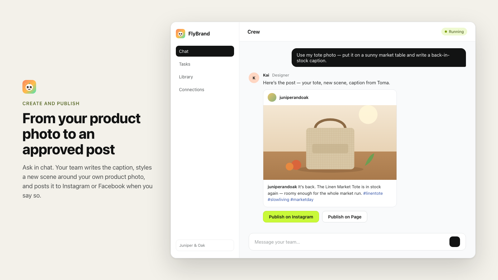 An Instagram post preview created from the merchant's product photo, with buttons to publish on Instagram or a Facebook Page.