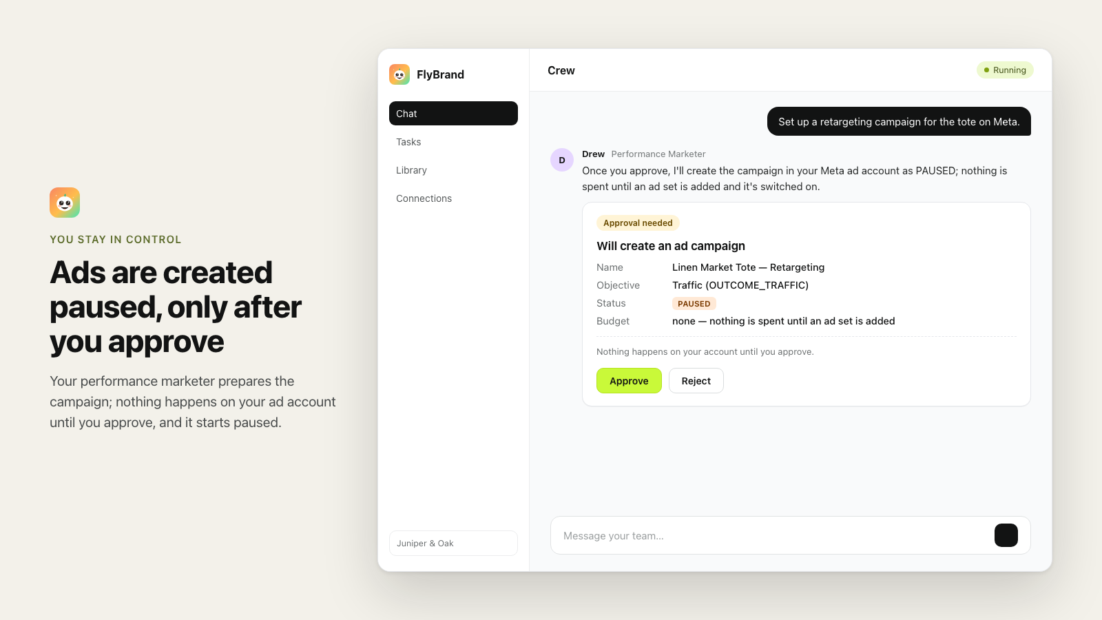 An approval card for a Meta ad campaign that will be created with status PAUSED.
